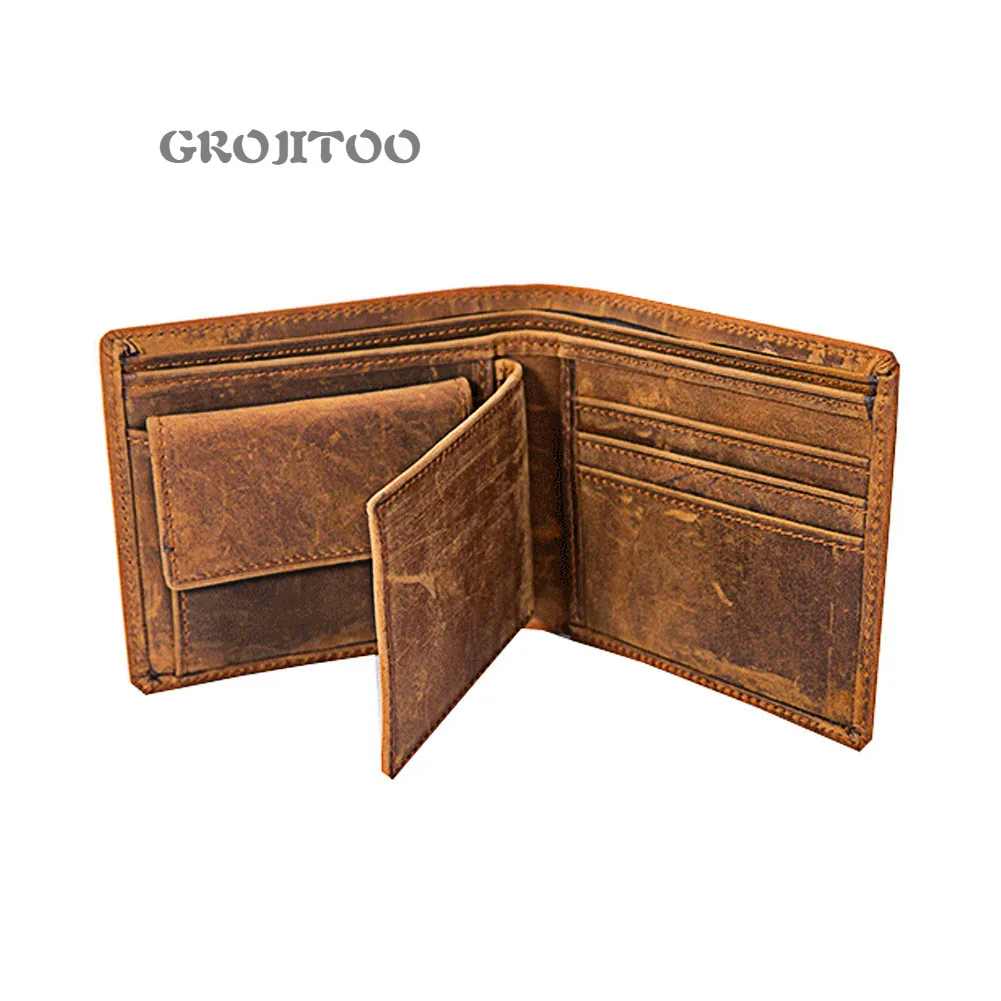 

GROJITOO New fashion men's genuine leather short wallet horizontal multi Card Wallet head leather folding bag high quality purse