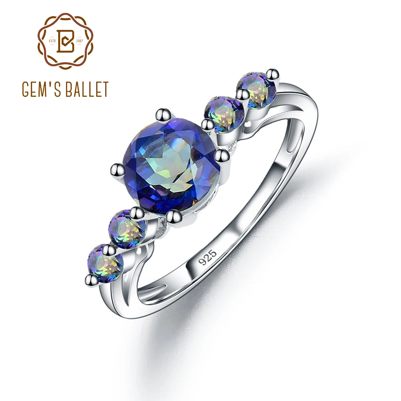 

GEM'S BALLET Natural Mystic Topaz Three Stone Band Rings For Women 925 Sterling Silver Trendy Birthstone Ring Fine Jewelry