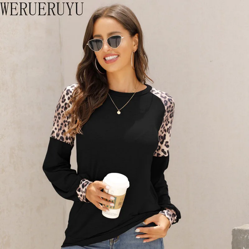 

New Harajuku Black Long Sleeve Tshirt Leopard Print Patchwork Tops Women Korean Casual Clothes Autumn Winter Woman T Shirt 2021