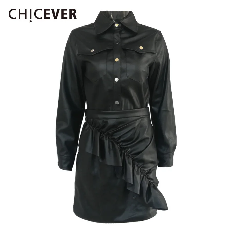 

CHICEVER Patchwork Pu Two Piece Set For Women Lapel Long Sleeve Looes Top High Waist Designer Ruffles Skirt Sets Female 2020 New