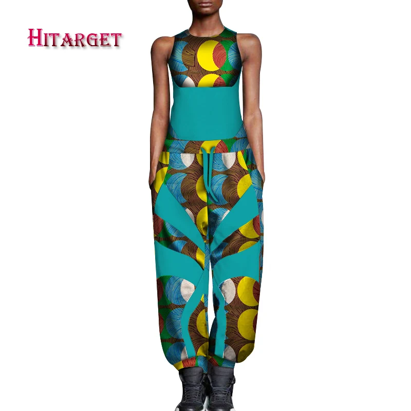

African Print Women Jumpsuit O-Neck Sleeveless splice summer Wide Leg Pants Lace Waist African Ladies Jumpsuits Rompers WY379