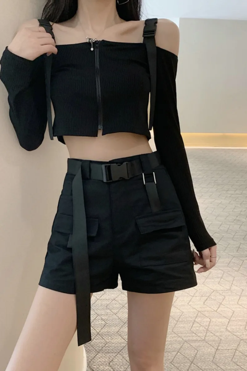 

2020 Summer Long Sleeve Slash Neck Black Solid Crop Top + Black Mini Shorts Two Piece Set with Belt