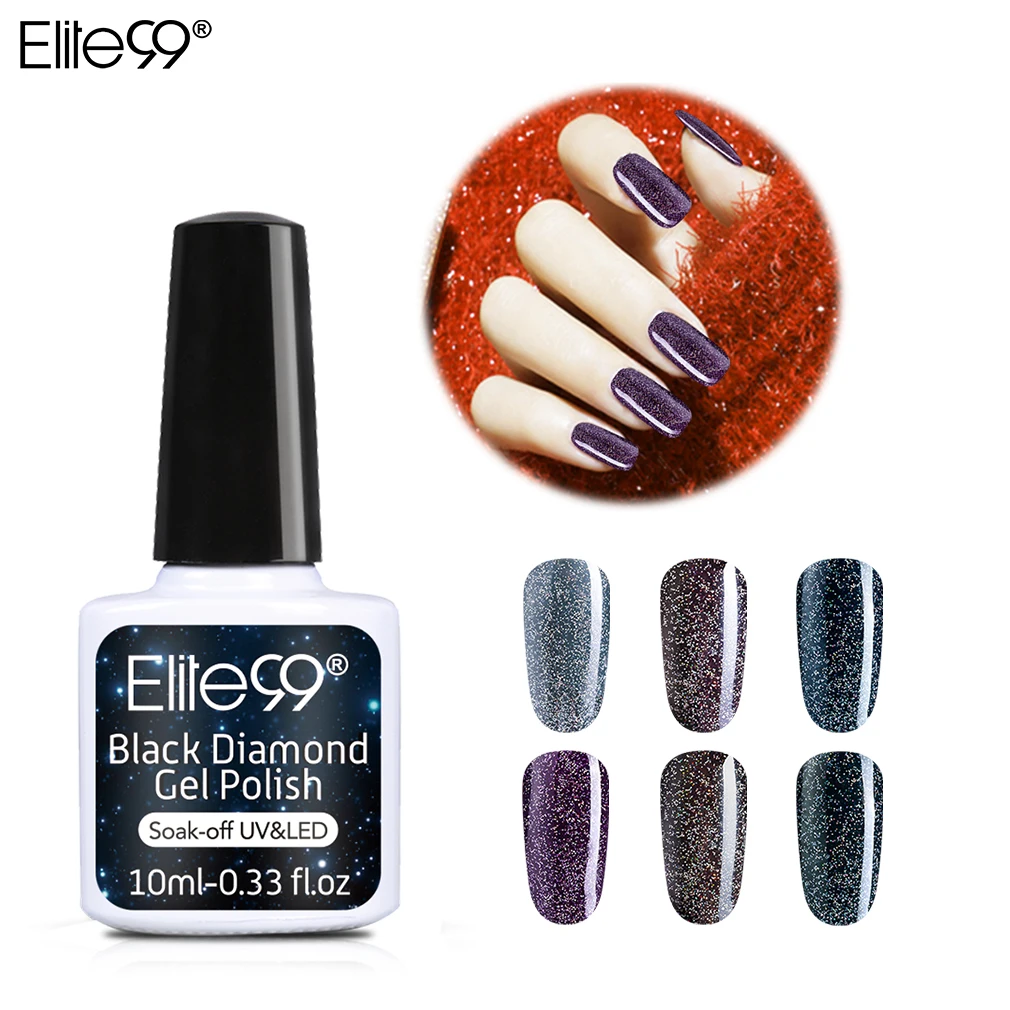 Гель лак для ногтей Elite99 10 мл Черный Алмазный УФ гель голографический Блестящий