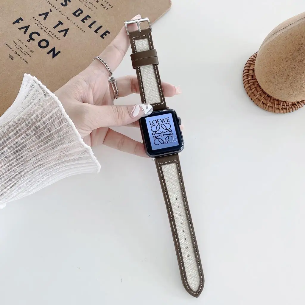 

Strap for Apple watch band 44mm 40mm correa iWatch 42mm 38mm Genuine Leather+nylon belt bracelet apple watch series 7 6 5 4 3 Se