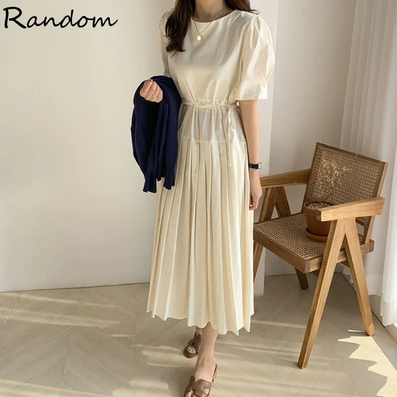 

Summer Women Elegant Pleated Dress Short Sleeve Solid Sundress Vintage Drawstring Office Party Vestidos Female Fashion Dresses