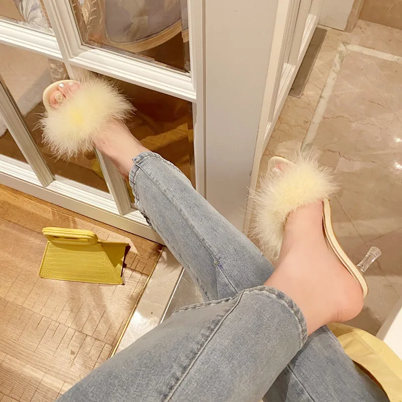 Меховая обувь Женские шлепанцы Роскошные на каблуке Шлепанцы желейные Летние