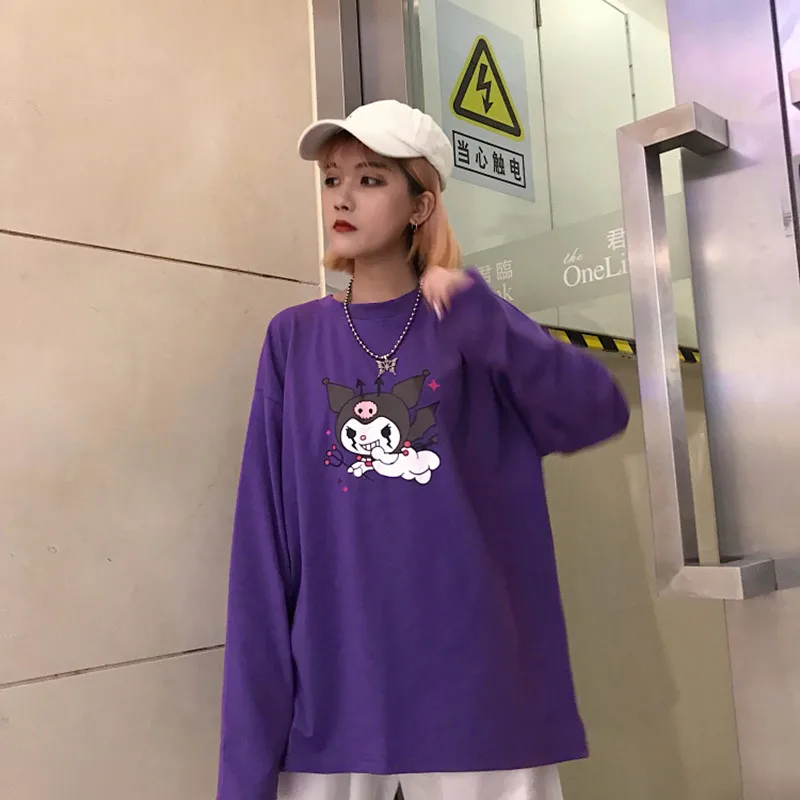 Корейская футболка с круглым вырезом и длинным рукавом, женские Топы Harajuku, уличная одежда, фиолетовая футболка с принтом дьявола, повседневные свободные осенние женские футболки, топы