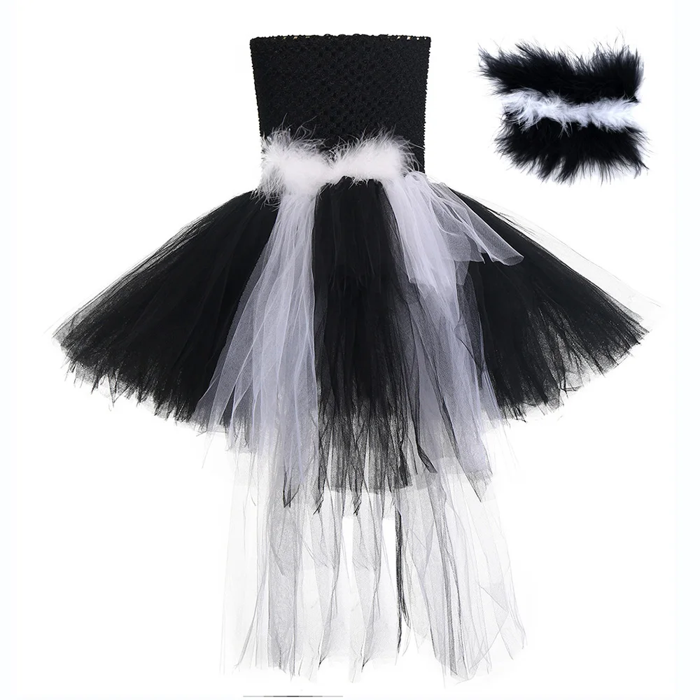 

Black White Skunk Furry Feather Robe Regular Girls Halloween Costume for Kids Party Dress Girl Long Tail Sleeveless Tulle Dress