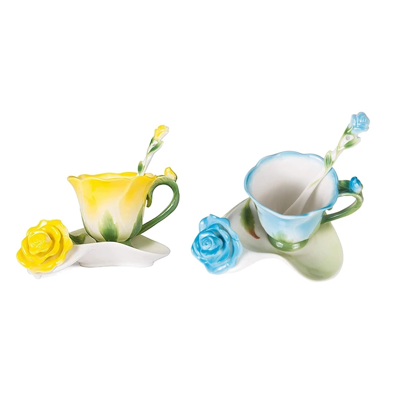 

2 набора, эмалированная керамическая кофейная чайная чашка с 3D цветком в форме розы и ложка-блюдце, фарфоровая чашка, подарок на день Святого...