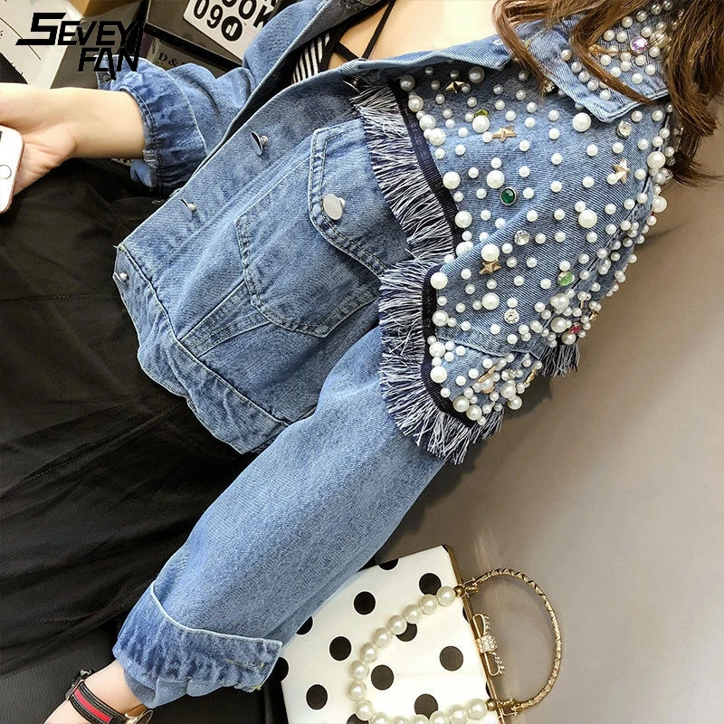 

Women Fashion Blue Denim Jacket Pearl Rhinestone Tassel Hipster Loose Short Jeans Jackets Vintage Streetwear Hip Hop Coat Female