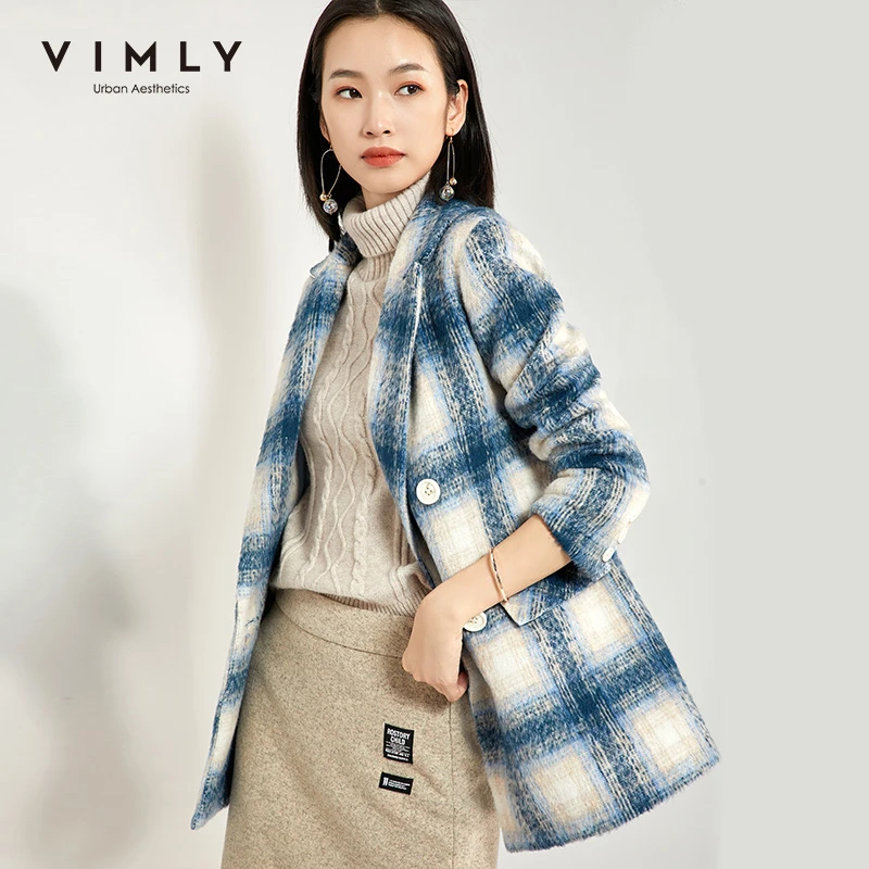 Vimly Женское шерстяное пальто в клетку винтажное осенне зимнее двубортное