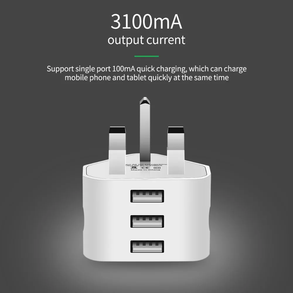 KOOYUTA Универсальный 1/2/3-Порты и разъёмы USB вилка стандарта Великобритании 3 настенное устройство адаптер с 3 Порты и разъёмы в английском стиле; для путешествий Зарядное устройство для зарядки для Iphone iPad