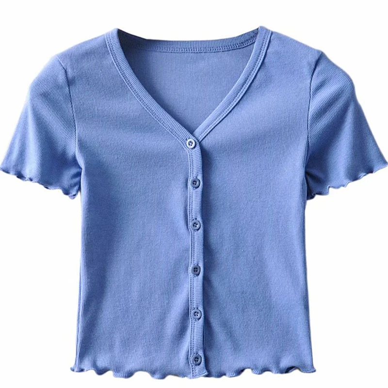 

vintage cotton knitted women t-shirts summer new v-neck short-sleeved short high waist sexy slim lady elegant outwear tops