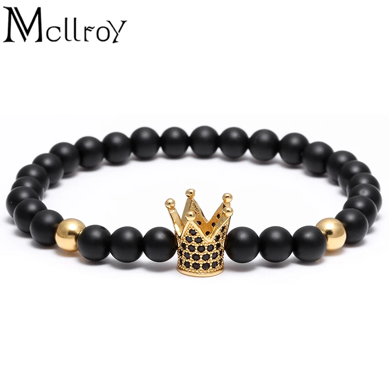 

Mcllroy микро проложить черный CZ циркония Золотой Король браслет с шармом с короной тусклый польский браслеты с бусинами из камня для мужчин и ...