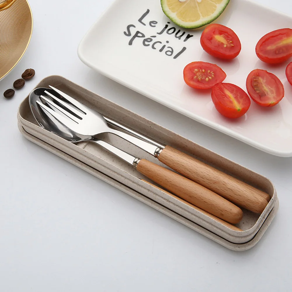 

3 Pcs Stainless Steel Flatware Set Outdoor Portable Beech Handle Chopstick Spoon Fork Set Tableware Set with Protective Storage