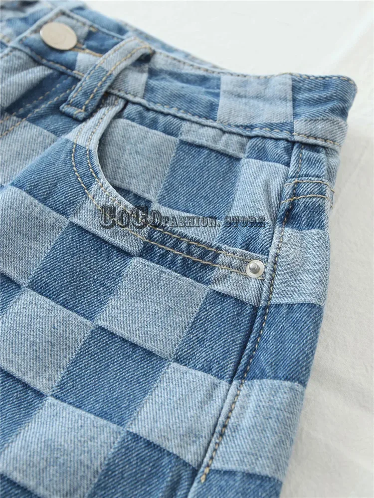 

Luxury design Summer Casual High Waist Slim Fit Denim Shorts Color-Contrast Check Textured Straight-Leg women shorts clothing