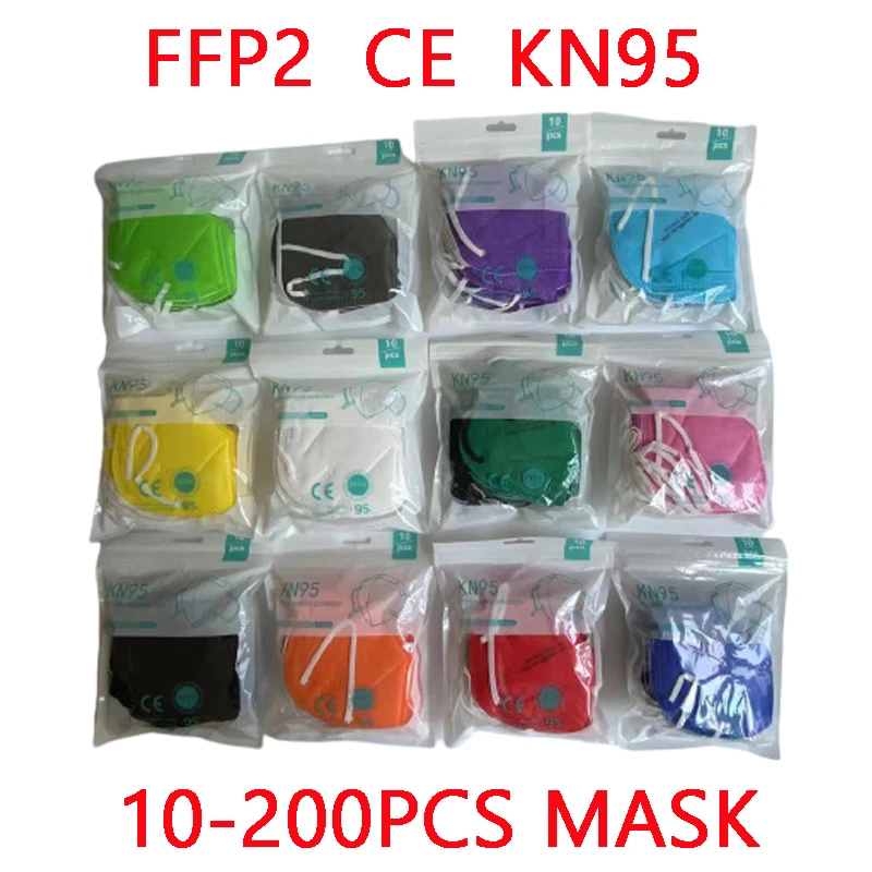 10-200 шт. ffp2mask Black kn95 mascarillas negra для взрослых 5 слоев fpp2 утвержденный CE респираторная