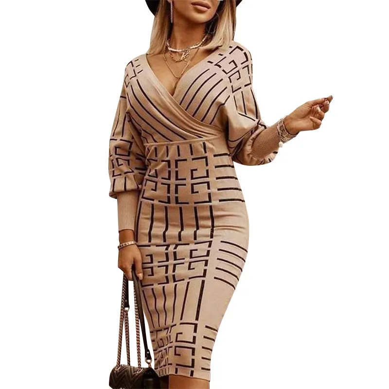 

Spring Autumn Fashion Women Sexy Casual Dress Mid Calf Irregular Print V Neck Long Sleeve Ladies Party Chic Dress