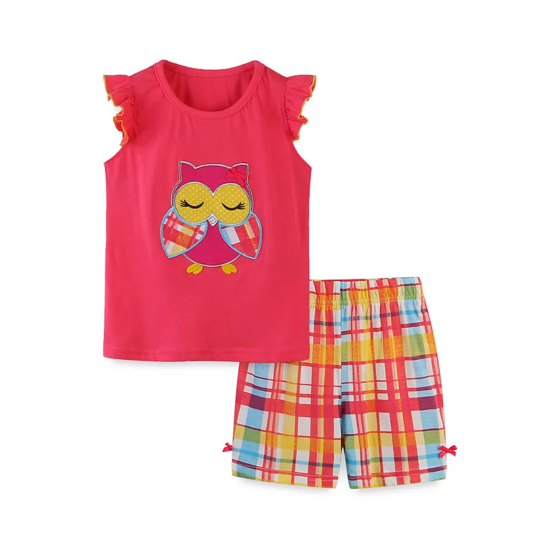 

Jumping Meters New Summer Animals Embroidered Girls Owl Clothing Sets Fly Sleeve Children's Clothes Hot Selling Outfits Suits