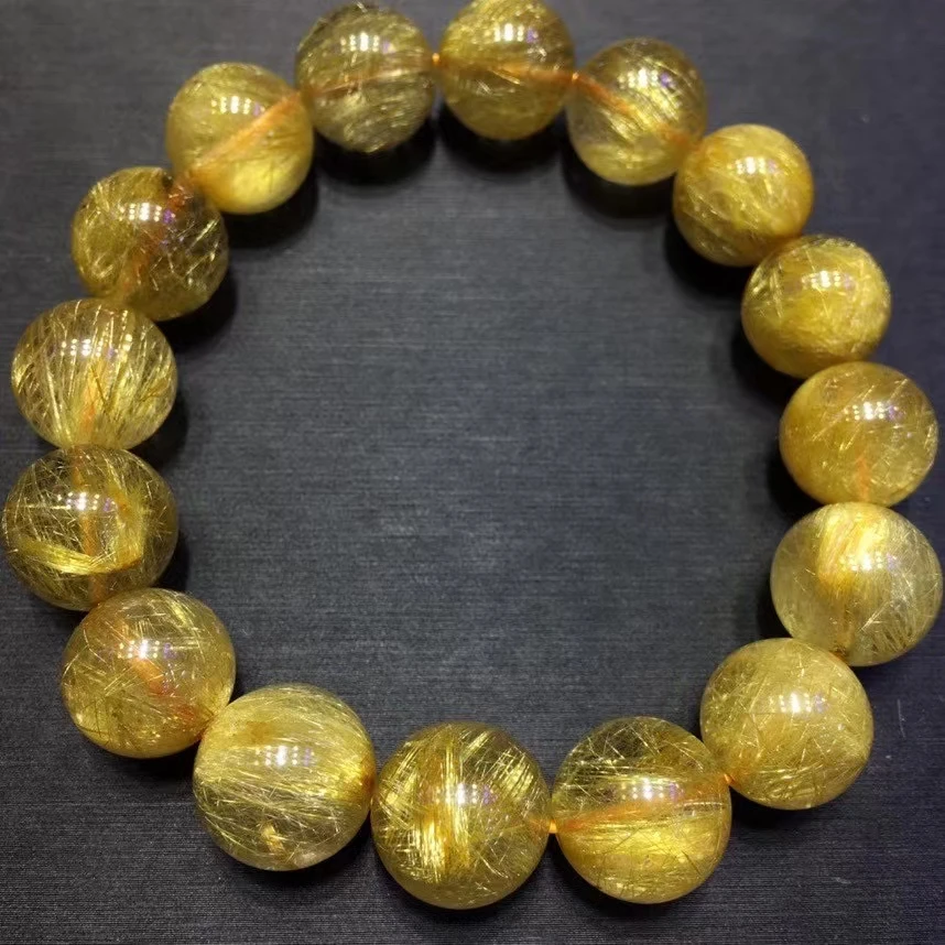 

13mm Brazil Natural Gold Rutilated Quartz Bracelet Clear Round Beads Women Men Fashion Big Size Bead Wealthy Stone AAAAAAA