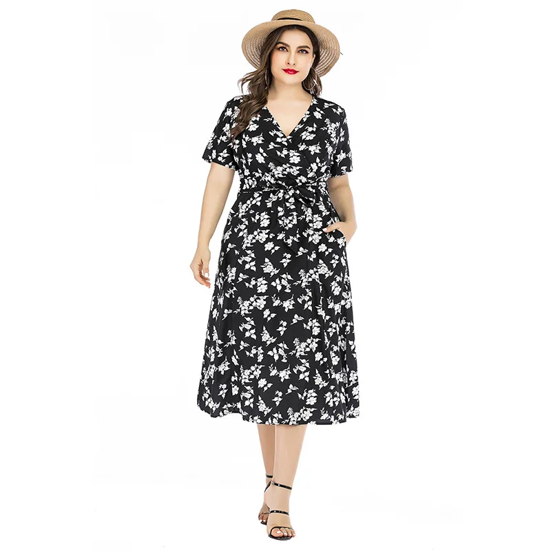 

Women Dresses Summer 2021 Sexy V Neck Floral Print Beach Dress Ruffle Short Sleeve A Line Mini Dress 5XL 6XL Sundress Woman