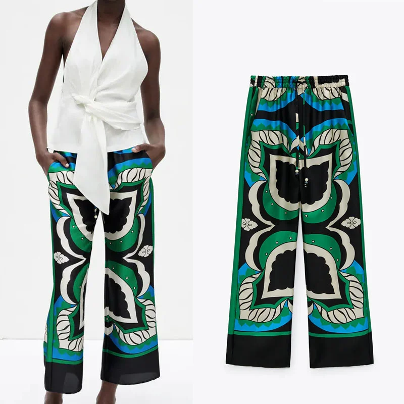 

Женские винтажные брюки Za с высокой талией, регулируемые эластичные летние длинные брюки, повседневные свободные женские брюки с широкими ...