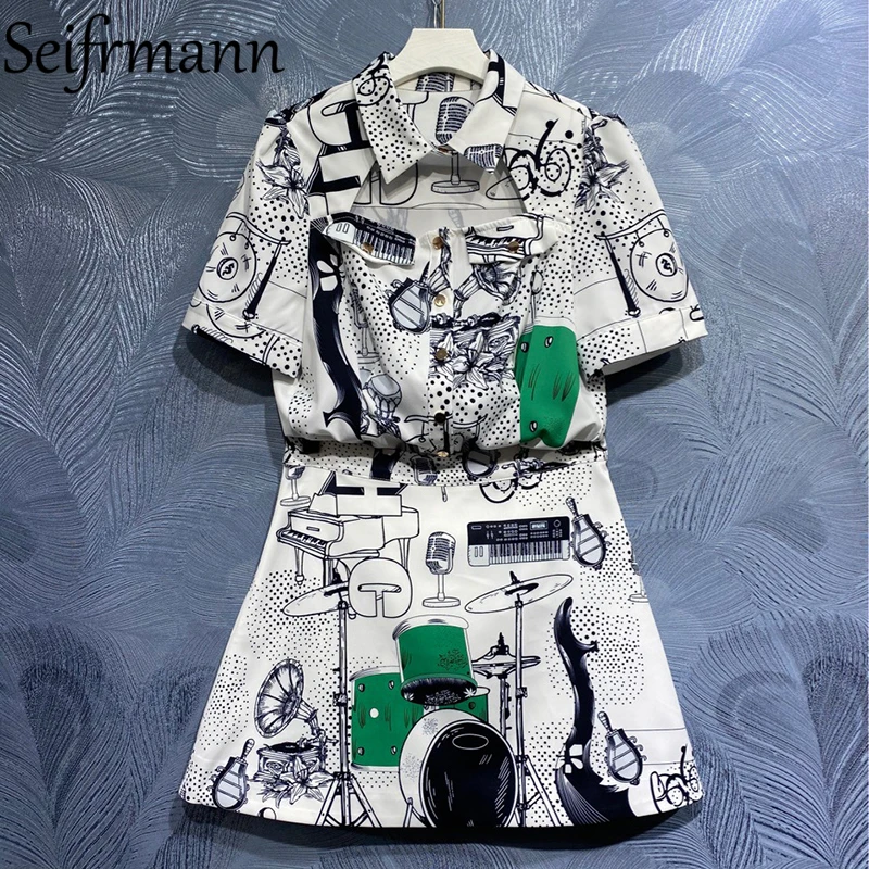 

Seifrmann New 2021 Summer Women Fashion Runway Skirts Set Short Sleeve Loose Blouses+High Waist Print Short Skirts 2 Pieces Suit