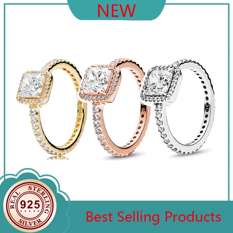 

Top Selling Authentic 925 Sterling Silver Square Pan Rings Cz Crystal Ring For Women European Original Diy Jewelry