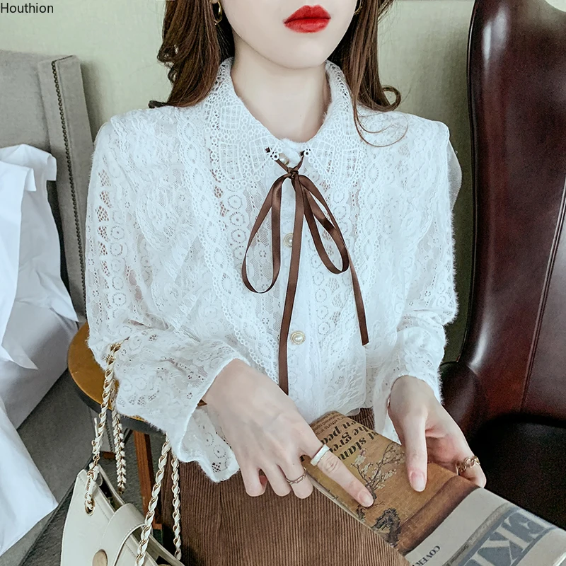 

Autumn New Women's Blouses Polo Shirt Long Sleeve Tops Jacquard Blouse Girl Lace Casual Fashion Lady Loose