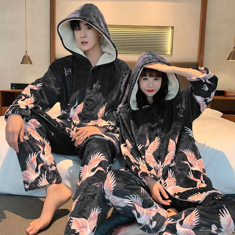 

QWEEK Flannel Hooded Pajamas for Women Winter Warm Couple Sleepwear Animal Print Pijamas Chinese Style Pyjamas Loungwear Suit