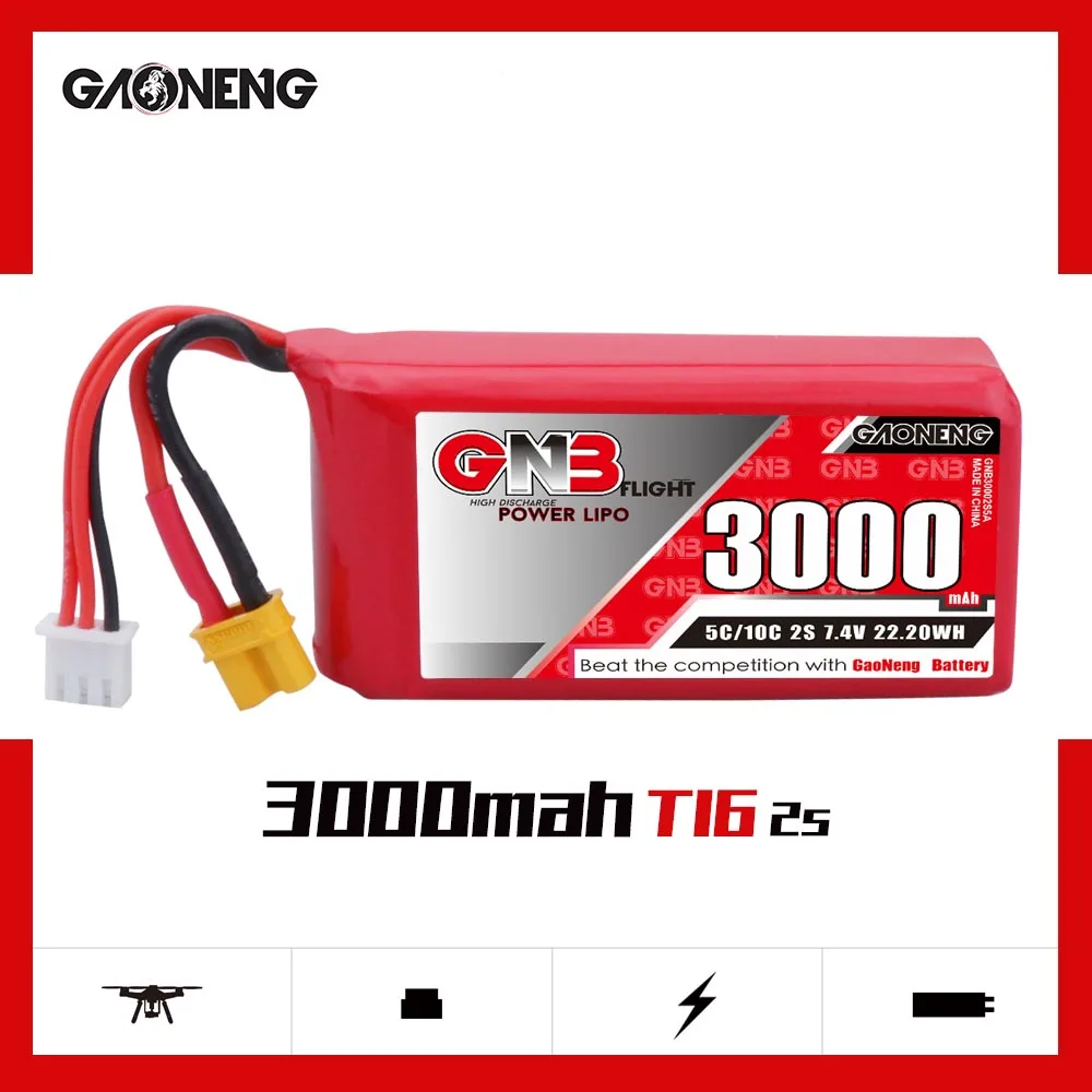 

GAONENG GNB 3000mAh 2S 7.4V 5C/10C Lipo Battery with XT30 Plug for JUMPER T16 Receive remote control RC Parts