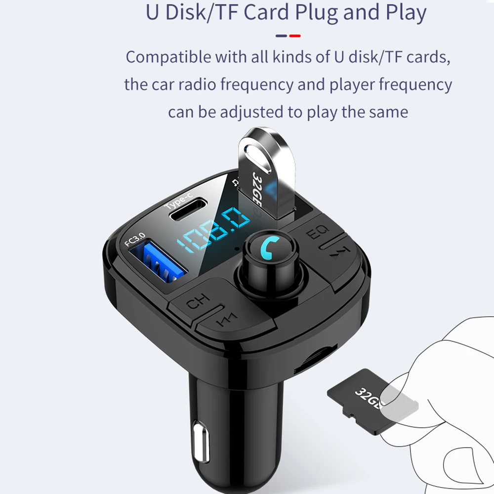 Bluetooth 5.0 Fm Transmitter Car Kit QC3.0 Double USB Charger With LED Lattice Screen EQ Mode MP3 Modulator NEW | Автомобили и