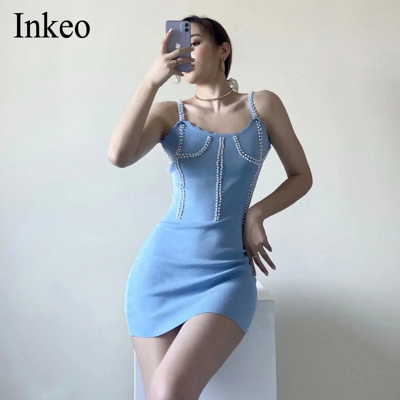 

Pearl Spaghetti Strap Knitted Mini Dress Women Off shoulder Backless Sexy Bodycon Dresses Solid Vestidos Club 2021 INKEO 1D048