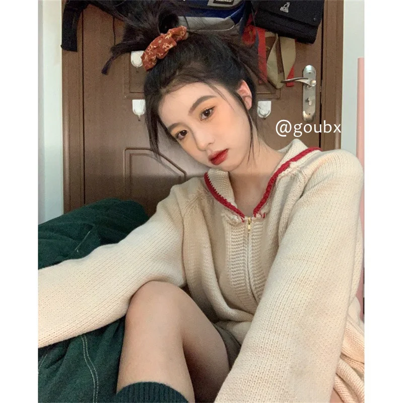 

Осень 2021, новый вязаный кардиган на молнии с длинным рукавом, свитер, женская Свободная куртка в японском стиле ретро