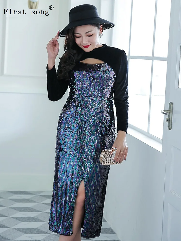 Первой песне женские узкие блесток сексуальное длинное платье 2020New летняя