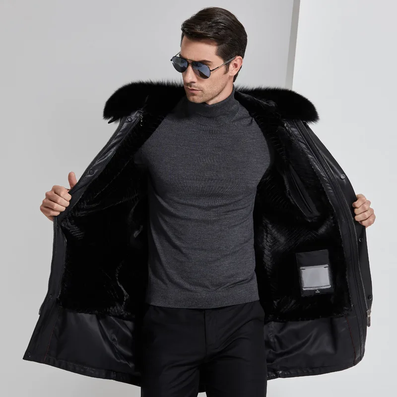 

2019 Winter New Fox Fur Collar High Quality Long Leather Jacket Thicken Warm Hooded Parker Liner Coat Male Brand Clothing