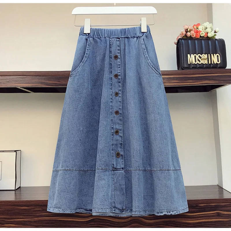 

2021 Women Spring Eleagnt Denim Skirt Lady Solid Elastic High Waist Single Breasted Falda Female Casual Loose Pleated Skirt K313