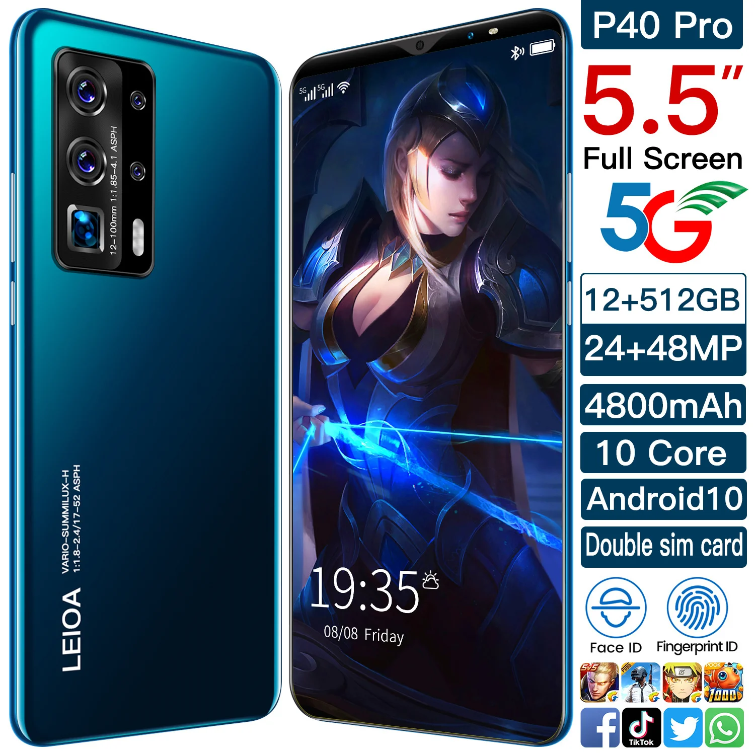 

Galxy P40 Pro 5G 5.5 Inch Screen Smartphone Android 10.0 Cellphone 24+48MP 10 Core Unlock Mobilephone 4800mAh Battery Face ID