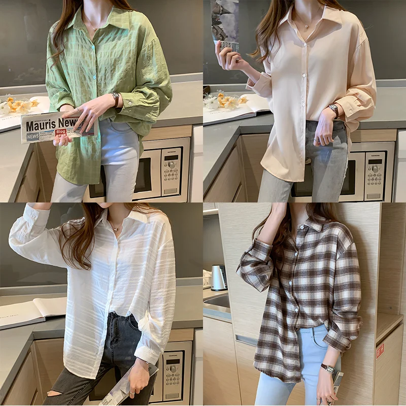 

16 Styles Oversized Casual Fall Tops Women 2020 Singer Breasted Long Sleeve Shirts for Women Print Plaid Striped Tee Shirt Femme