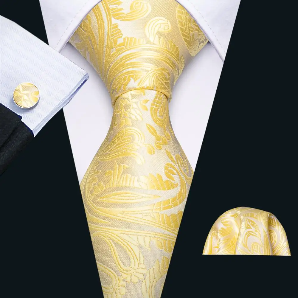 

Fashion Yellow Silk Necktie Jacquard Woven Floral Ties For Men Tie Handkerchief cufflink set Barry.Wang Fashion Designer FA-5276