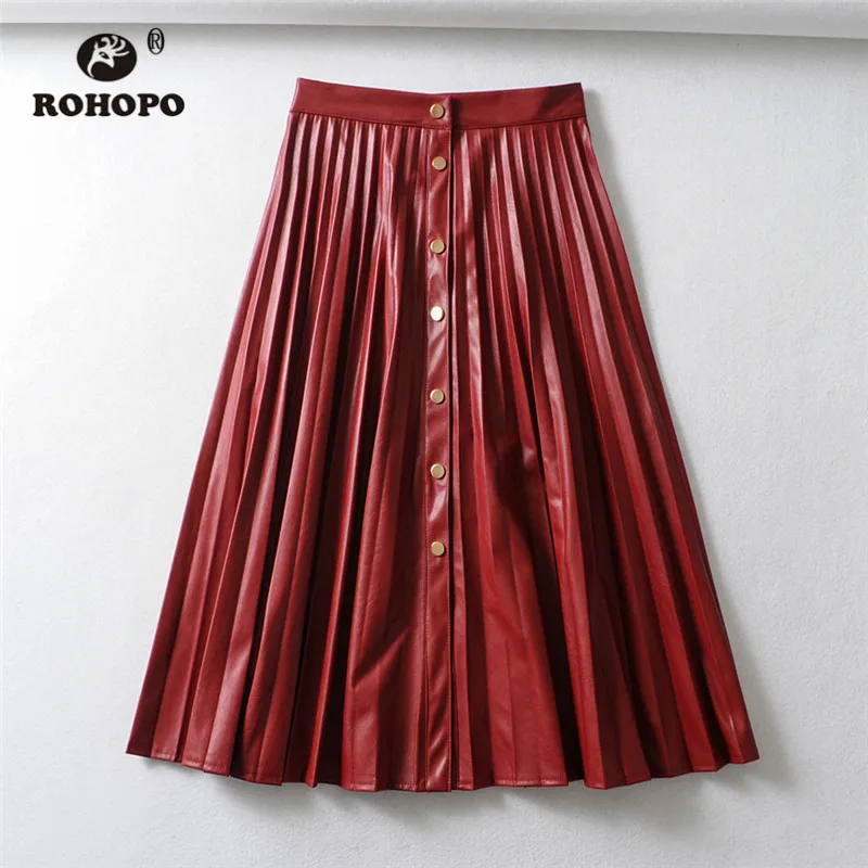 ROHOPO высокая талия пуговицы спереди плиссированная Красная кожаная юбка миди