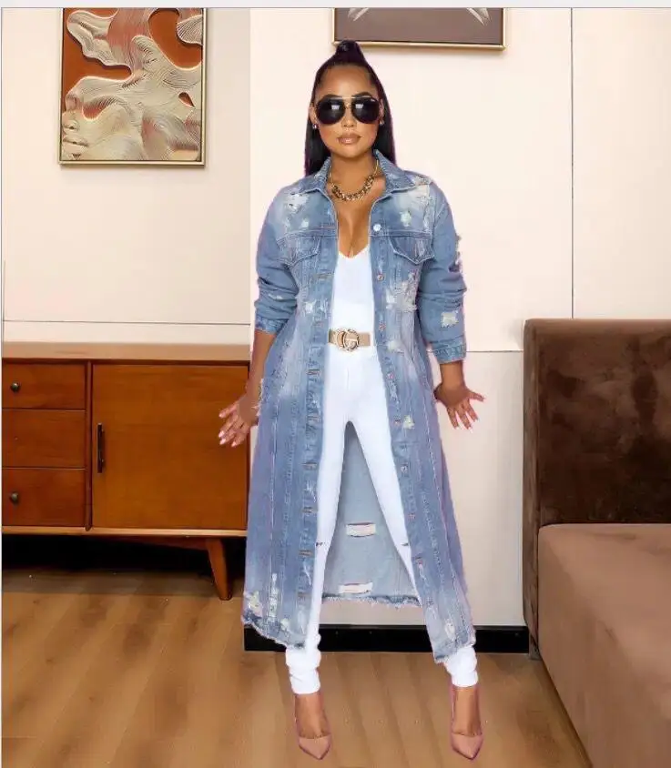 

2021 hot-selling fashionable women's ripped denim long slim coat cloak