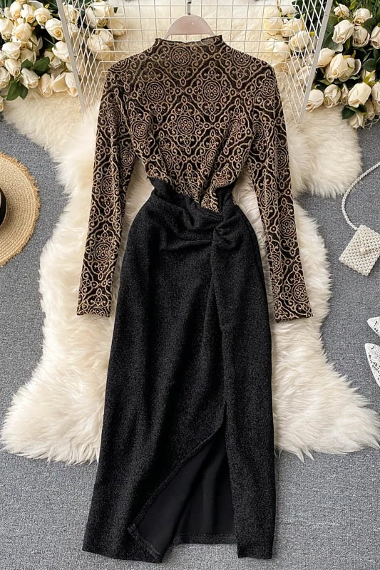 

evening dresses long luxury 2020 autumn vintage clothes Patchwork elegant party black long sleeve A-Line dress women