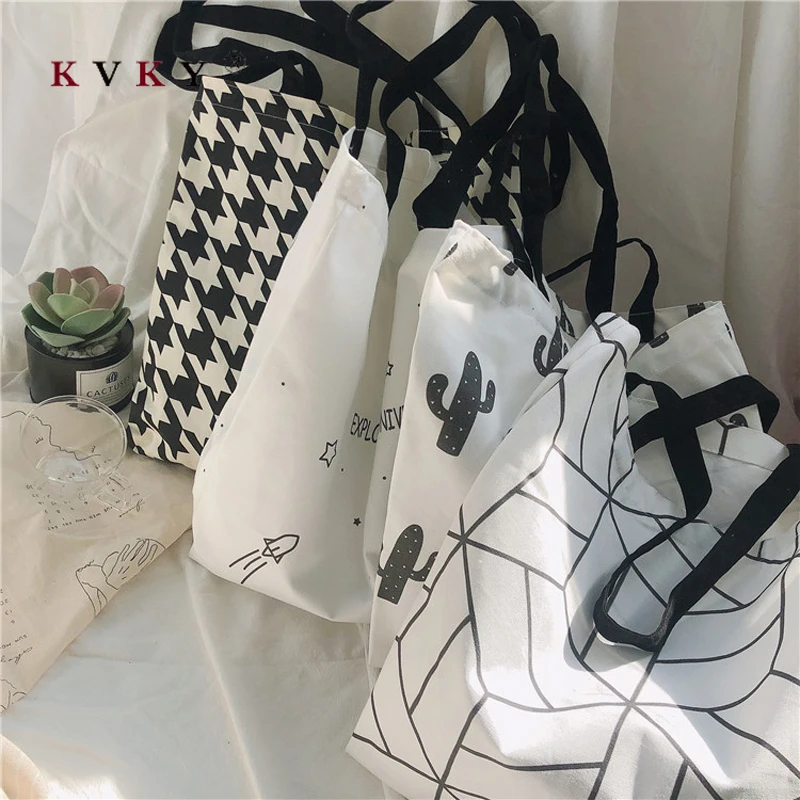 Canvas Tote Bag for Women 2020 Female Handbags Eco Reusable Cloth Shopping Student Book Bags Ladies Casual Shopper Black | Багаж и сумки