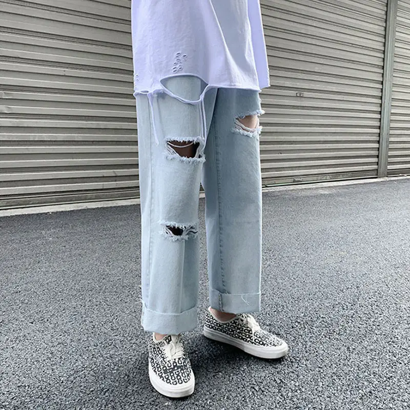 

Jeans women's Korean version light color hole loose straight vertical wide leg pants inschao 2021 new quarter pants