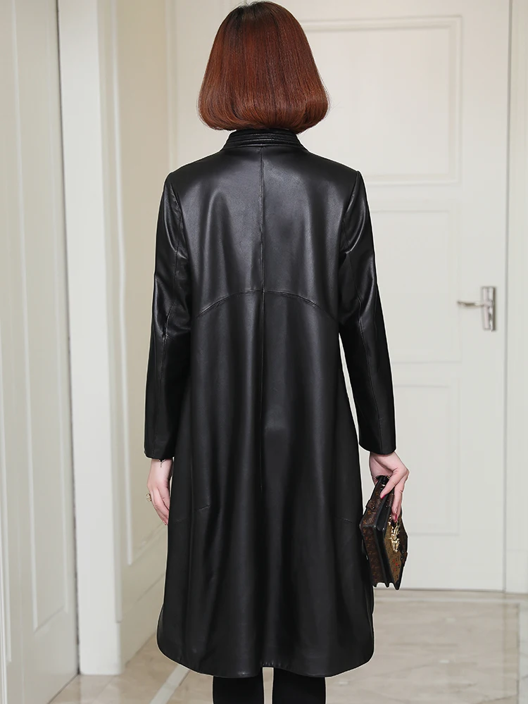 

2020 autumn new leather dress women's long standing collar leisure sheepskin windbreaker fur coat