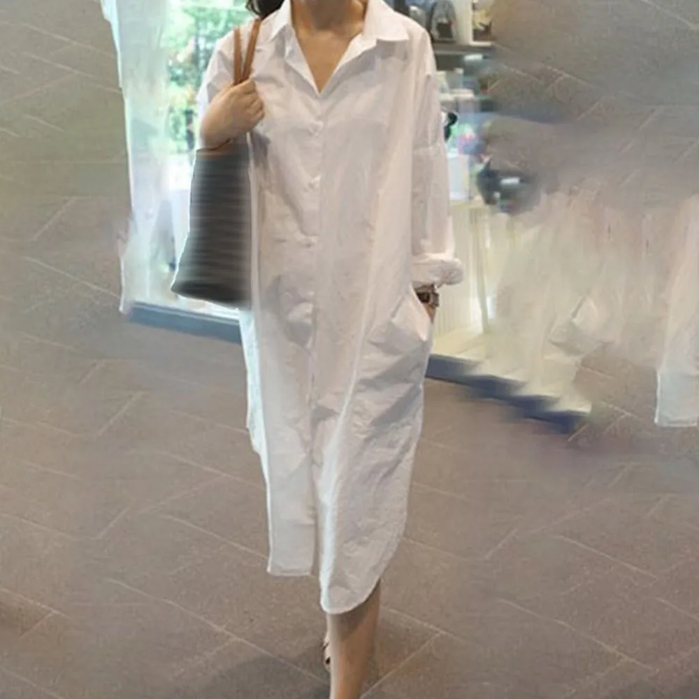 

2021 Summer Casual Japanese Style Korean Fashion Pocket Solid Color Women's Dress Single-breasted Lapel Loose Simple Thin