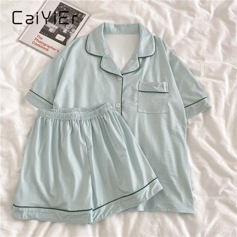 CAIYIER Women's Pajamas Suit Summer Shorts Korean Checked Print Short Sleeve Kawaii Sleepwear 2Piece Set Plaid Leisure Nightgown