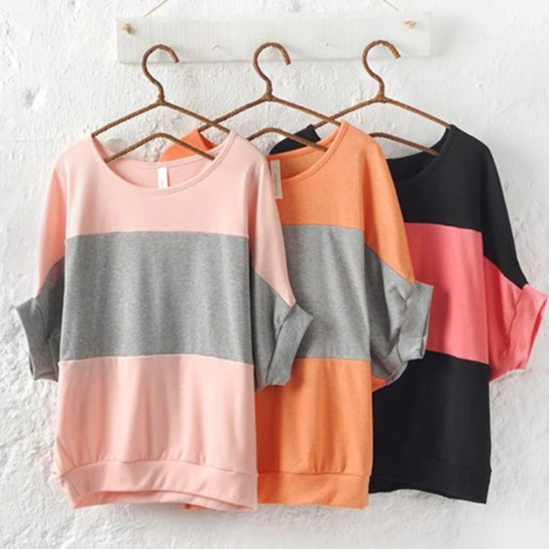 

T Shirt Women 2021 T Shirt Vintage Summer Short Sleeve Pactchwork Color T-Shirt Batwing Ropa Mujer