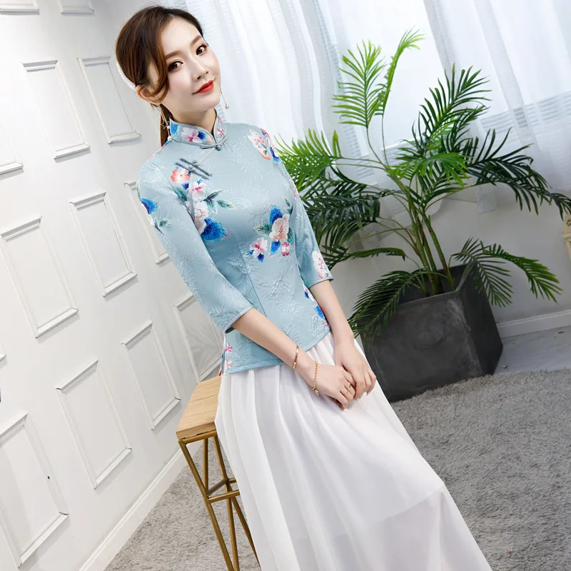 

Women Elegant Mandarin Collar Novelty Qipao Suit Sweet Flower Print Chinese A-Line Dress Set Vintage Button Exquisite Cheongsam